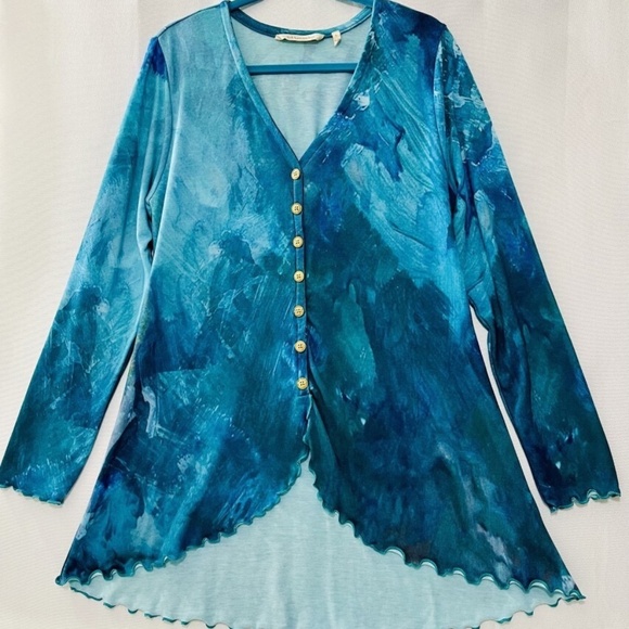 Soft Surroundings Mariposa Painterly Blue Top button up Women's Large EUC - Picture 1 of 7